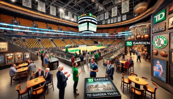 A wide-angle scene capturing the TD Garden Tours experience. Visitors explore exclusive VIP sections with luxurious seating and private lounges, while