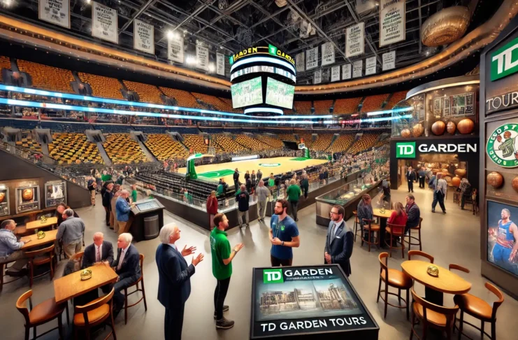 A wide-angle scene capturing the TD Garden Tours experience. Visitors explore exclusive VIP sections with luxurious seating and private lounges, while