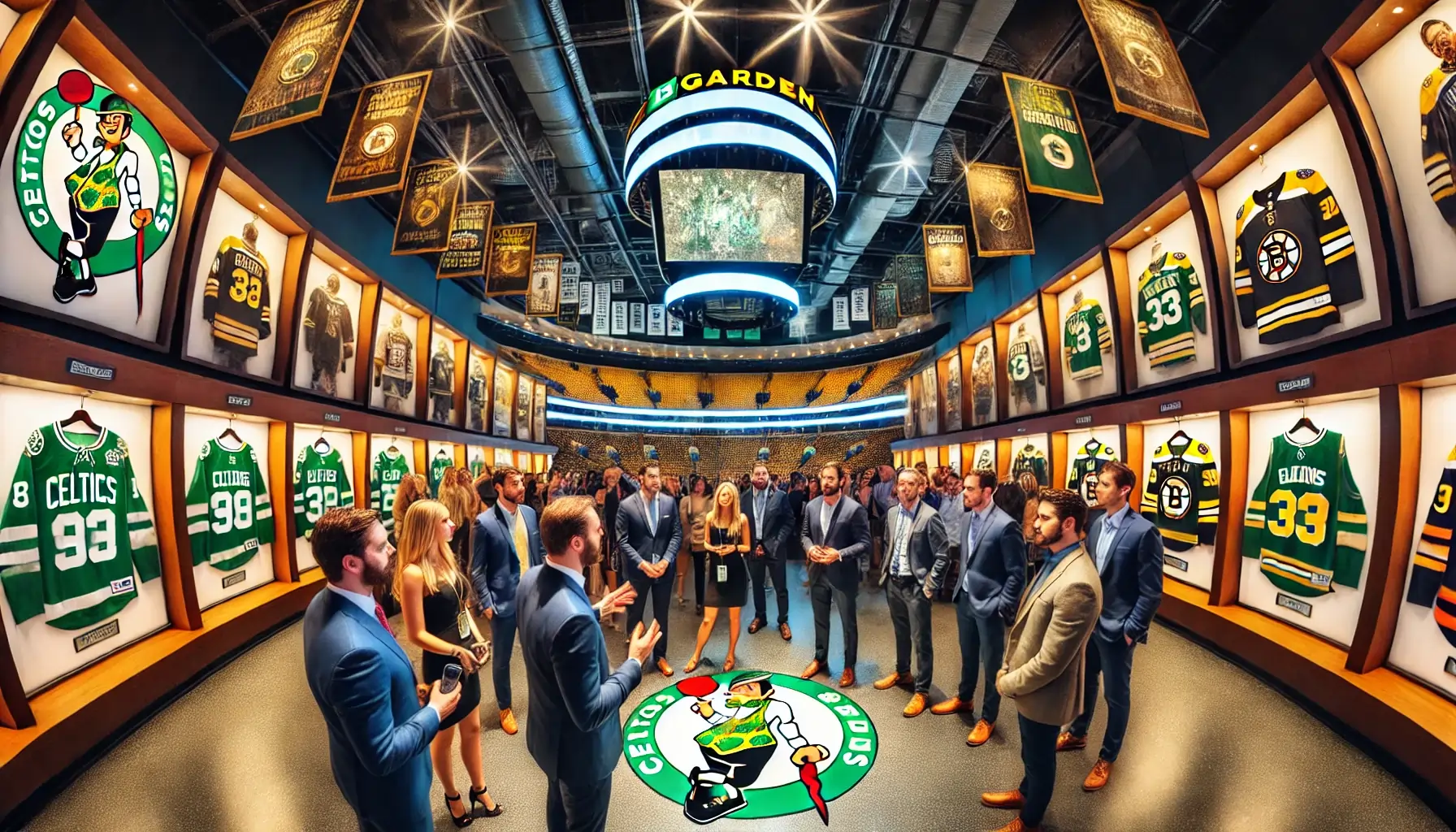 A wide-angle view of a VIP experience at TD Garden tailored for passionate fans and corporate groups. The scene showcases fans walking through exclusive vip Lounge