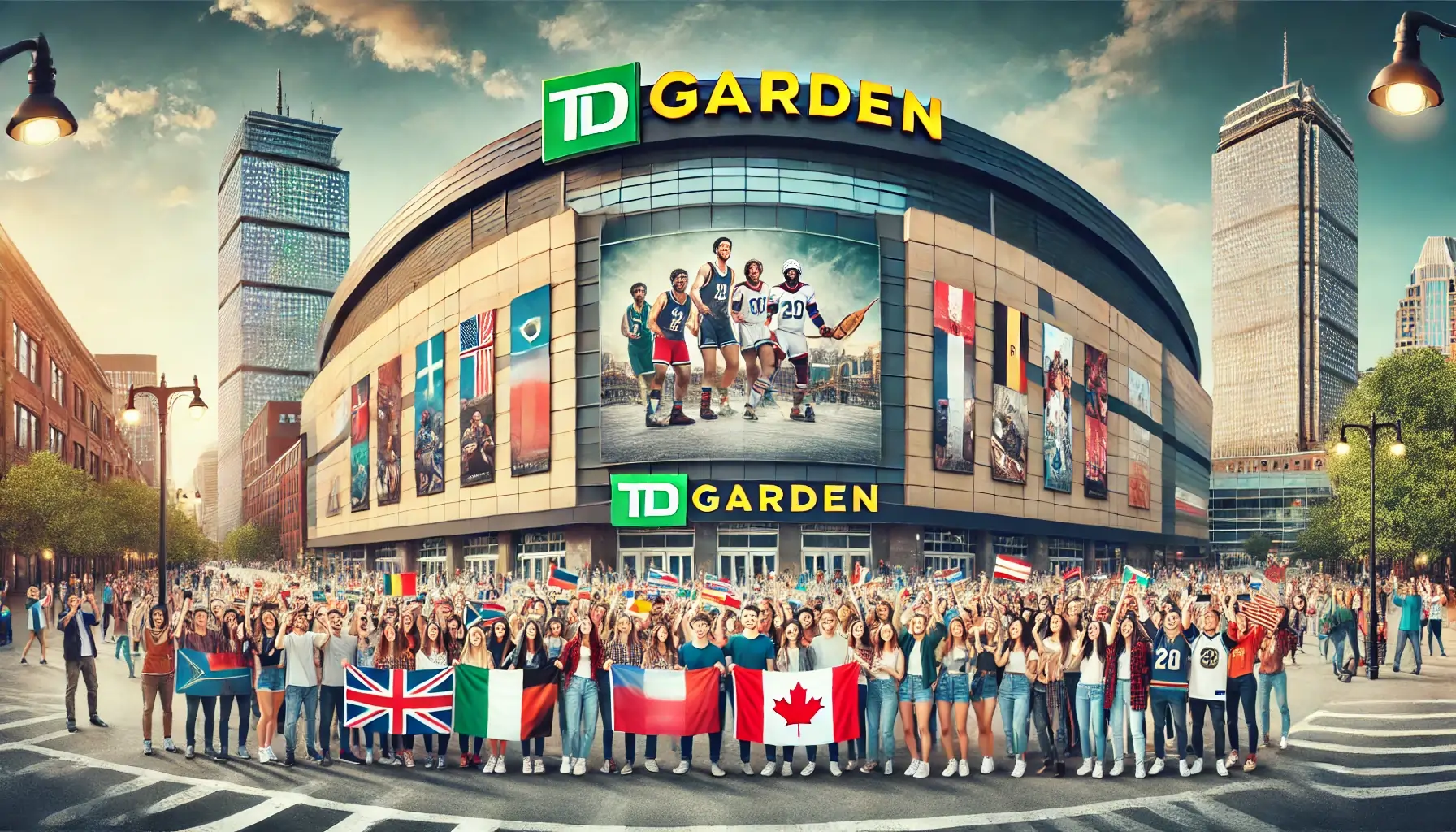 A wide view of TD Garden in Boston, showcasing its exterior with large, iconic architecture. In front of the arena, a diverse group of international visitors