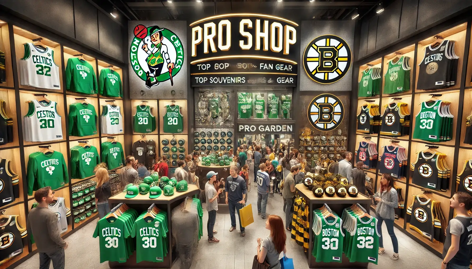 An energetic pro shop at TD Garden featuring a display of top souvenirs and fan gear for Boston Celtics and Bruins fans. 