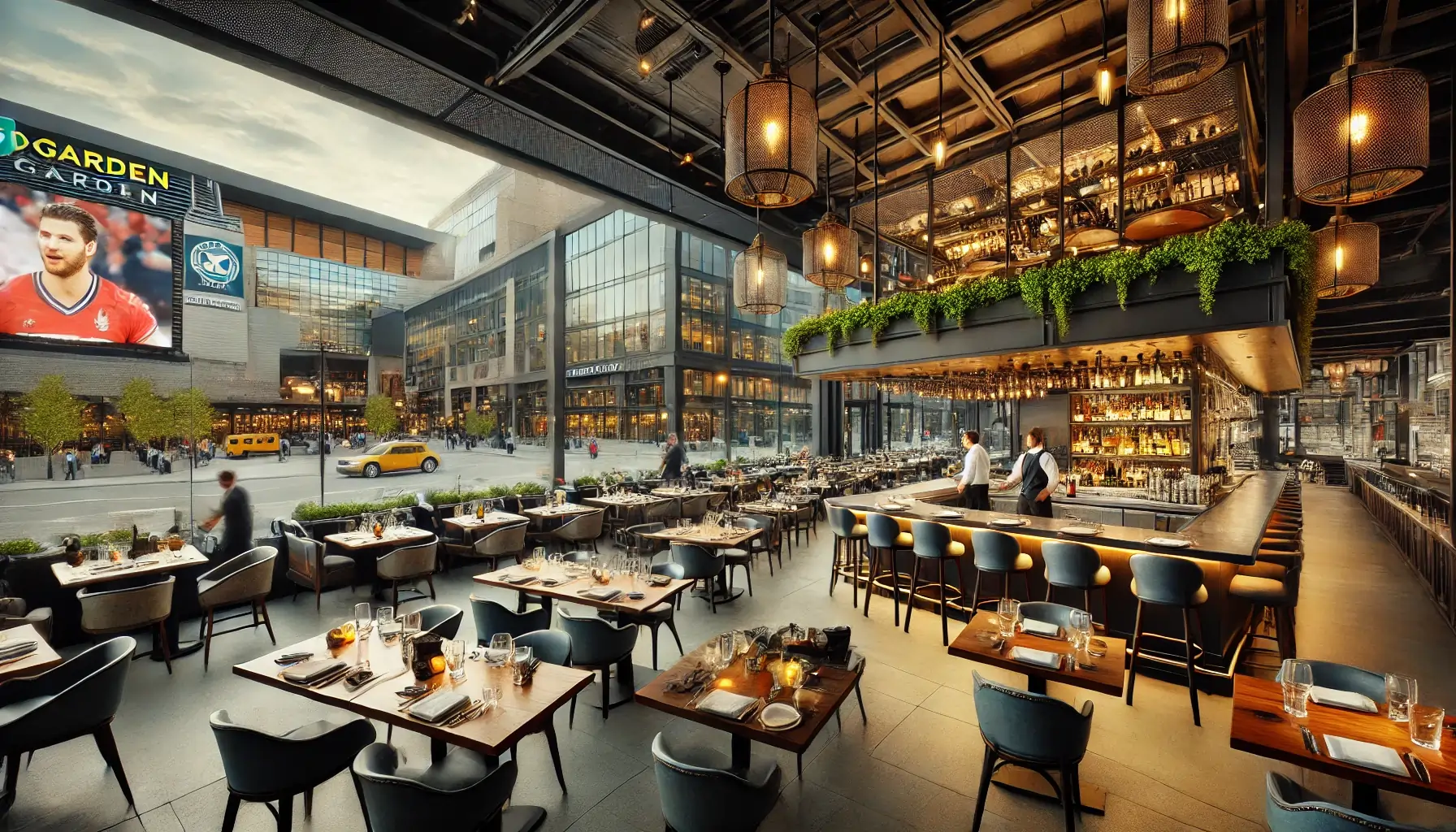  An upscale, trendy restaurant near TD Garden, perfect for game day dining. The interior has a sleek, modern design with stylish furniture, dim lighting