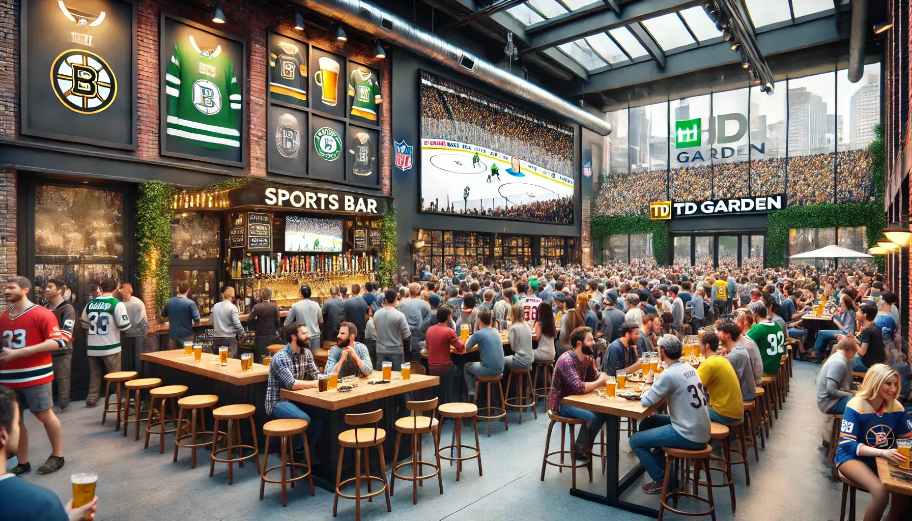 A realistic sports bar near TD Garden, filled with fans watching a game on large screens. The bar features cozy booths, wooden high tables, and a long