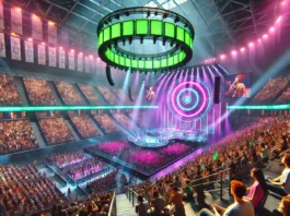 A vibrant concert scene at a large indoor arena, filled with an excited crowd. The arena has tiered seating, with glowing neon green accents : non sporting Events