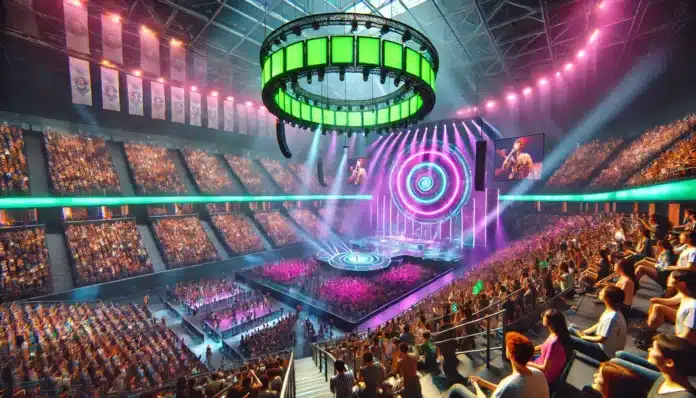 A vibrant concert scene at a large indoor arena, filled with an excited crowd. The arena has tiered seating, with glowing neon green accents : non sporting Events