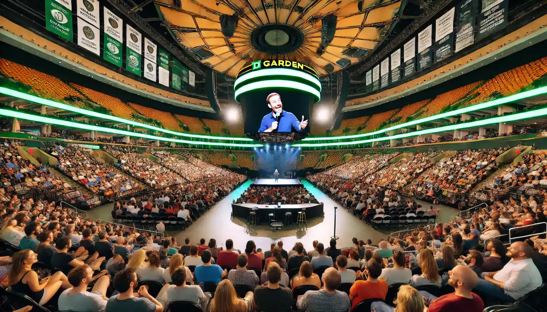  A wide shot of a lively comedy show at TD Garden, featuring a comedian performing on a brightly lit stage. The crowd is seated and laughing, 