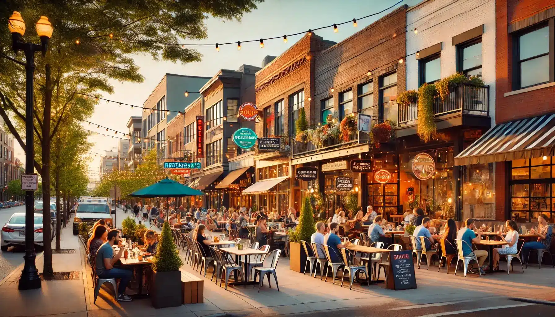 - A wide shot showcasing a variety of nearby dining options, featuring a vibrant street scene with different restaurants and cafes. Outdoor seating area