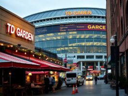 a street with a large building and people