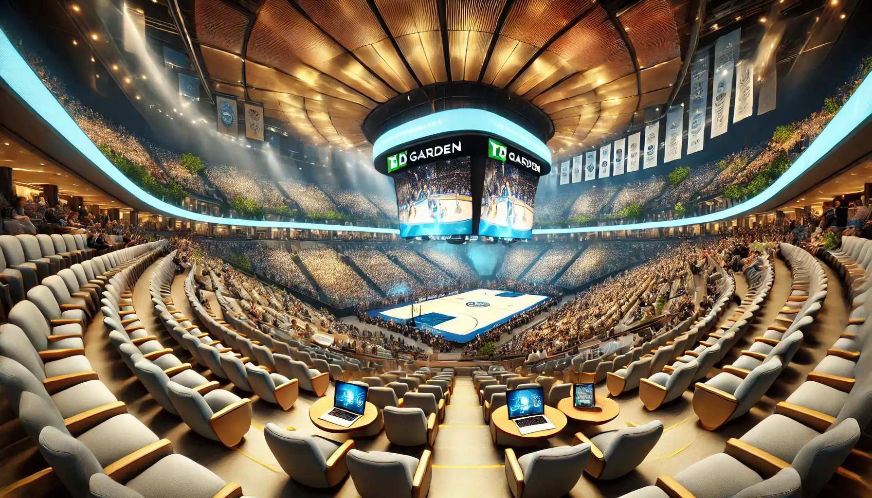 A high-definition, realistic image of a modern sports arena (similar to TD Garden) interior, in a wide-angle view capturing the essence of fan experience