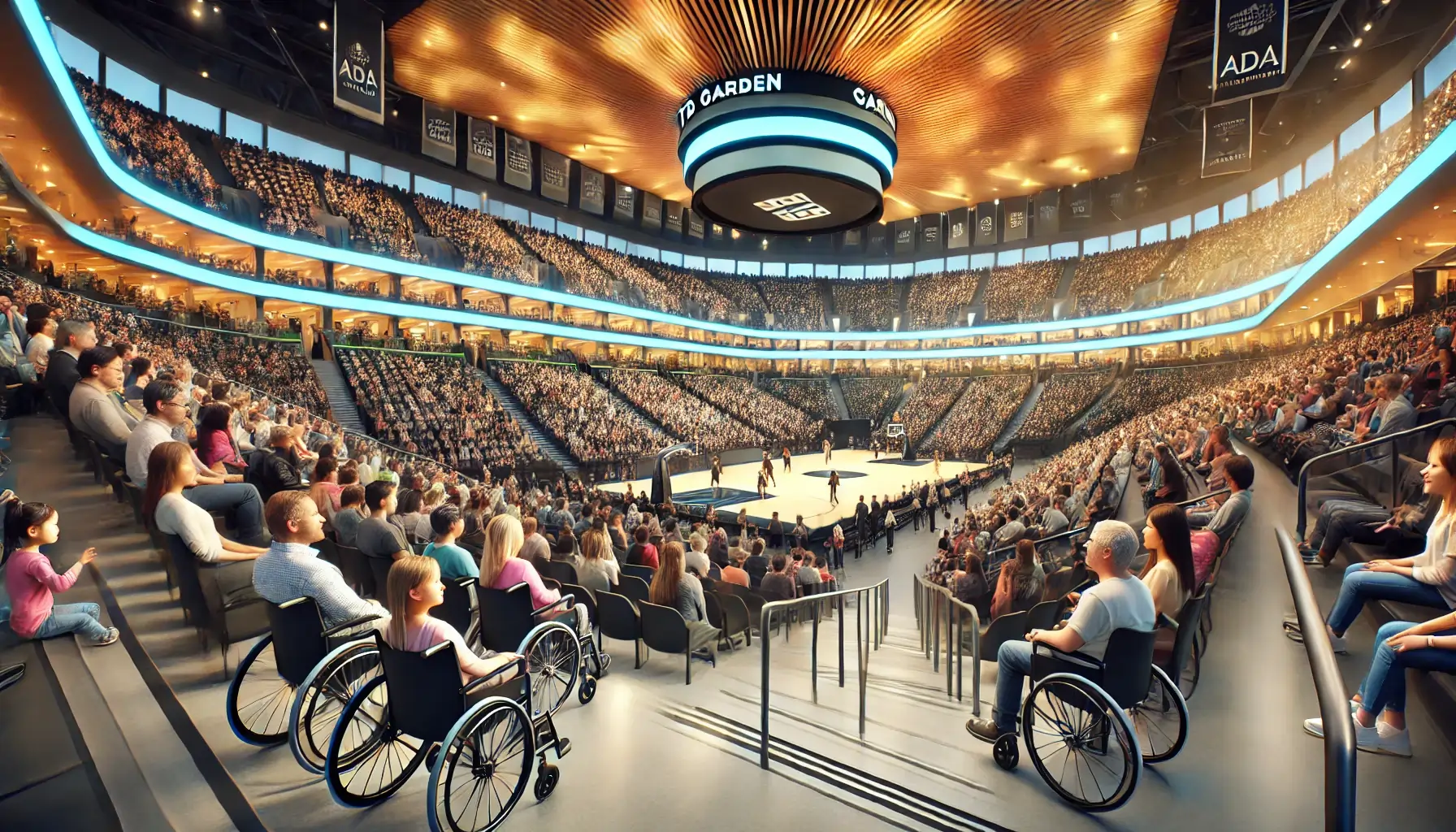 A high-definition, realistic image of a modern sports arena showcasing an inclusive environment. The scene features accessible options