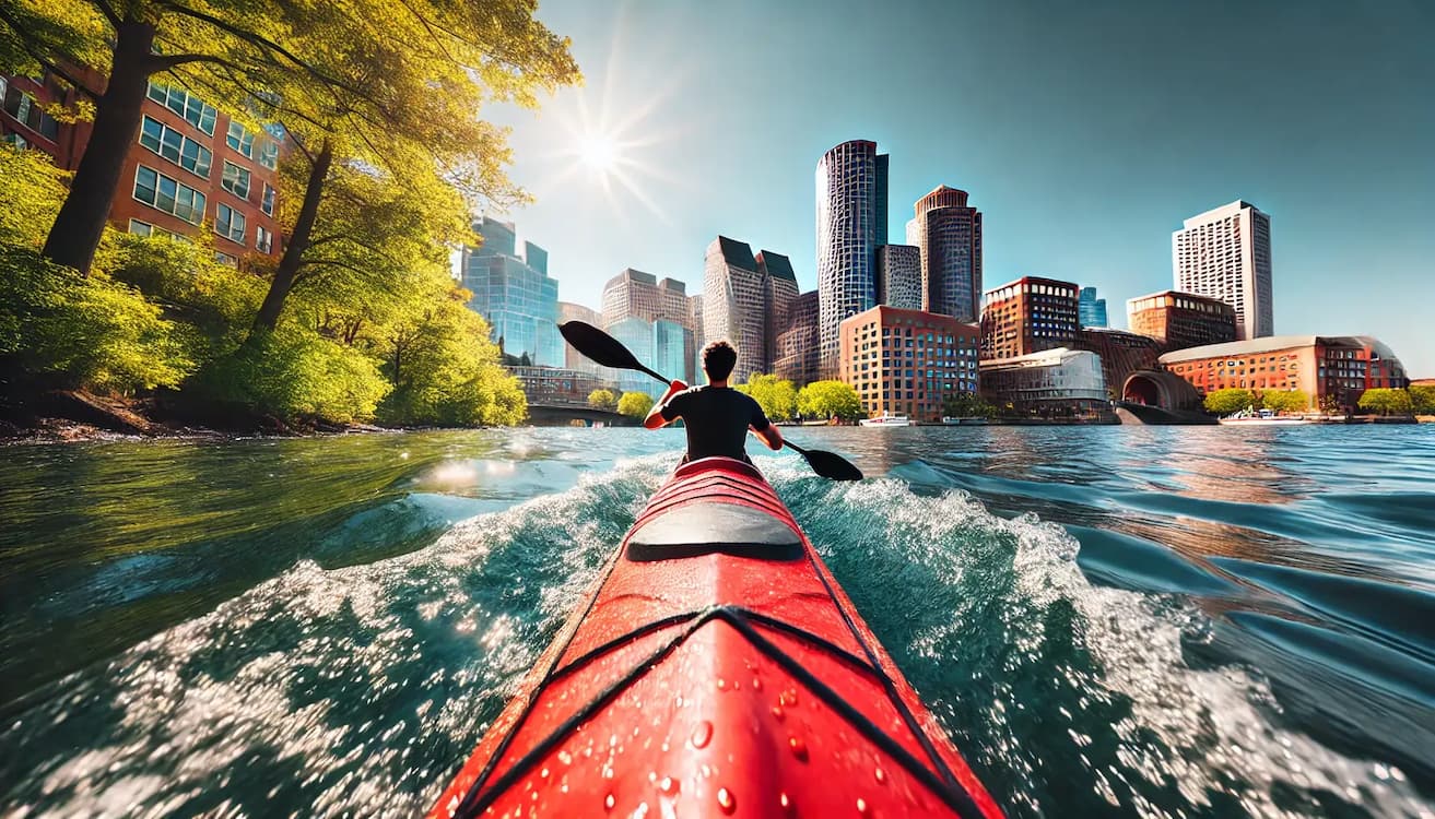 image of a person kayaking along the Charles River in Boston, captured from a low perspective