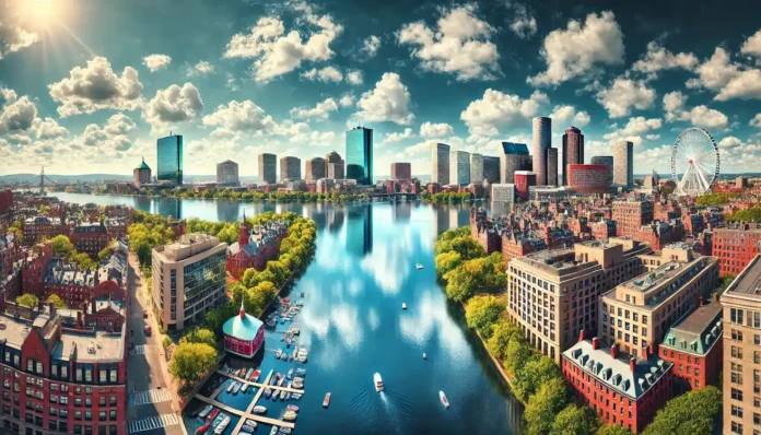 wide-angle view of Boston, capturing the iconic cityscape in a clear, sunny daytime setting. The scene includes Boston’s skyline Buildings