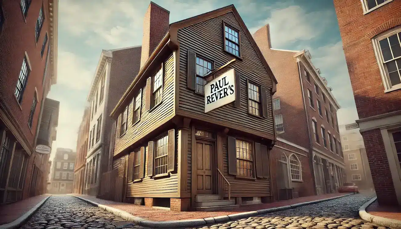 Image of Paul Revere’s hidden North End home in Boston with text added near the house reading _Paul Revere's. 