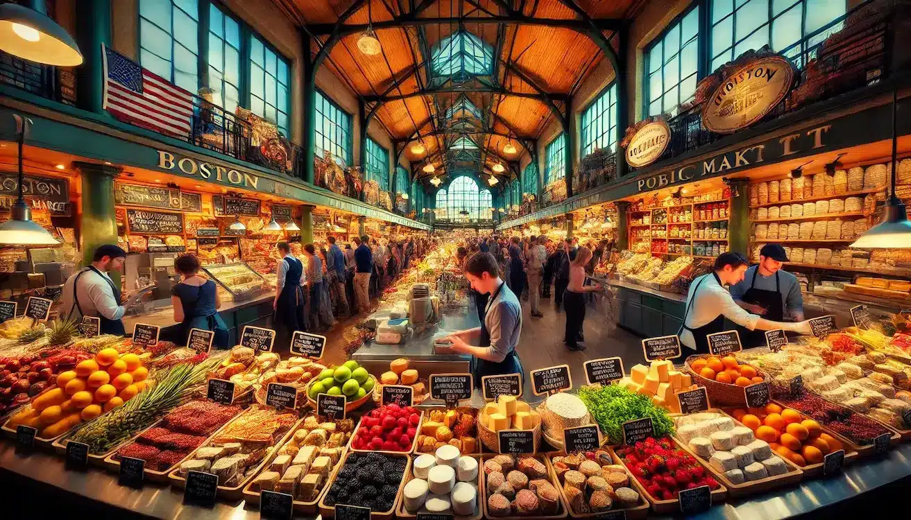 image capturing the vibrant atmosphere at the Boston Public Market, showcasing a variety of food stalls with colorful