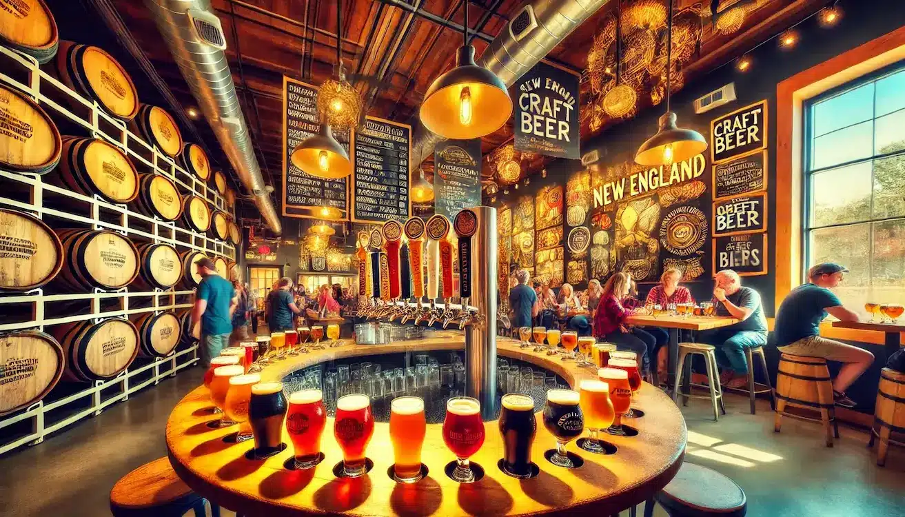 image capturing New England’s craft beer scene in a bustling, lively brewery. The setting is warm and rustic,