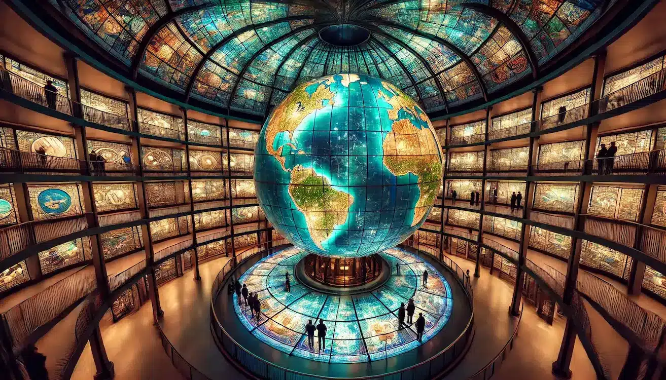 image capturing the interior of the Mapparium at the Mary Baker Eddy Library in Boston.