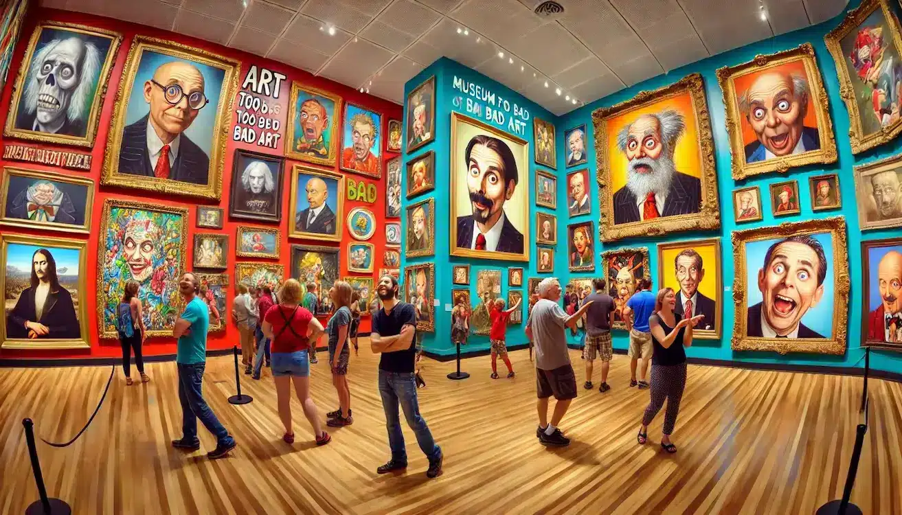 image capturing the eccentric and fun atmosphere of the Museum of Bad Art. The gallery features  Pictures