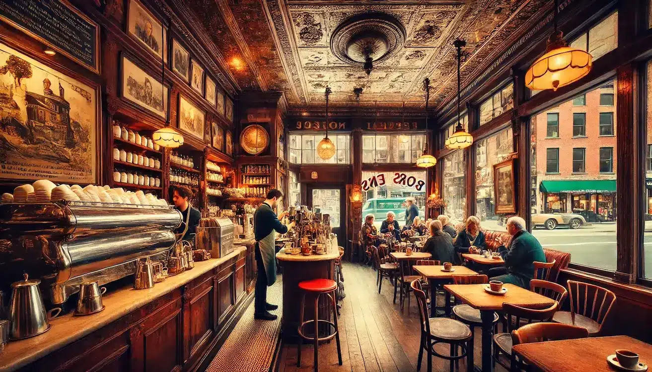 image of a cozy Italian cafe in Boston's North End. The scene captures a warm, inviting atmosphere with rustic wooden tables.