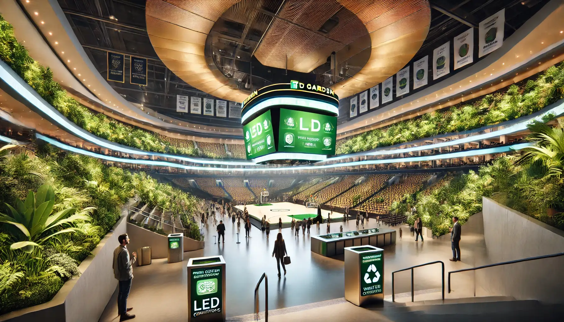 realistic image of a modern sports arena interior showcasing its commitment to sustainability. The wide-angle 