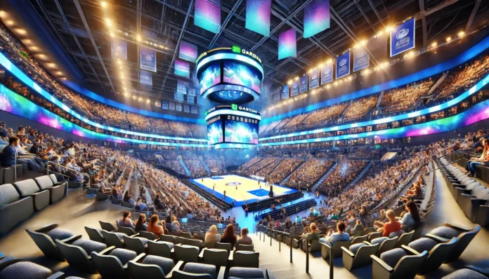 realistic image of a modern sports arena interior (similar to TD Garden) with a wide angle showing comfortable, spacious seating, hi-tech Technology- Fan experience at TD Garden